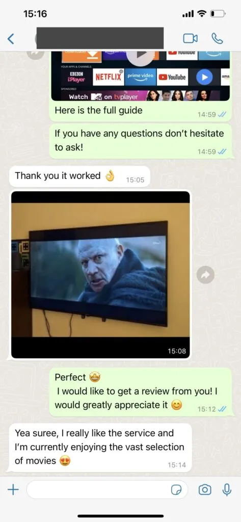 WhatsApp customer chat screenshot confirming quick IPTV activation