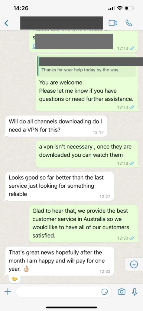 Customer praising 4K sports streaming quality on WhatsApp chat